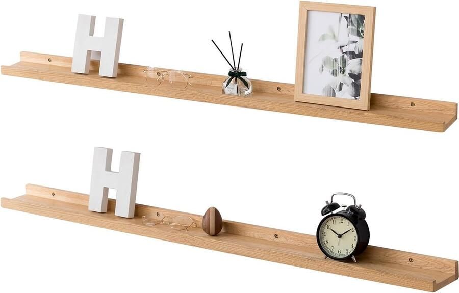 Goodivery Houten Wandplank Set van 2 Zwevende Planken van Massief Eikenhout voor Woonkamer Slaapkamer Badkamer