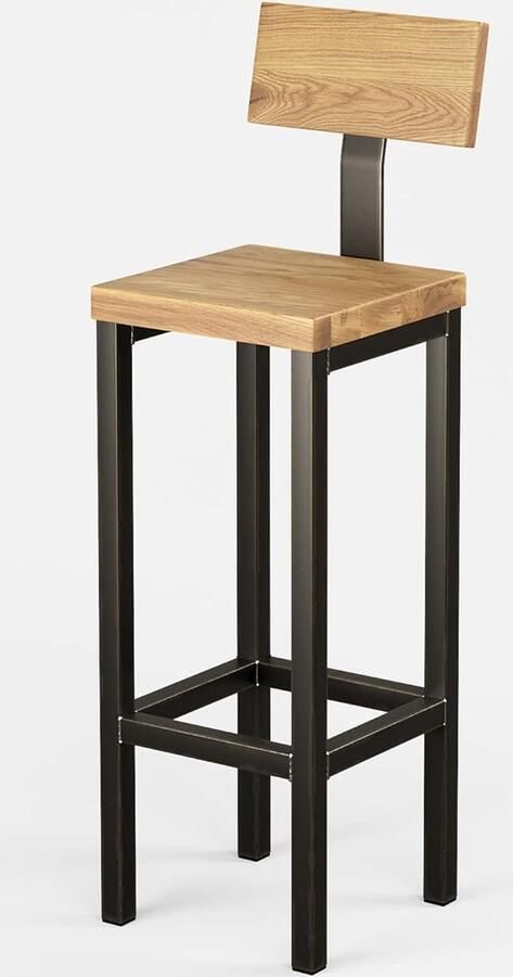 Goodivery Industrieel Ontworpen Handgemaakte Barkruk met Rugleuning van Massief Eikenhout en Staal