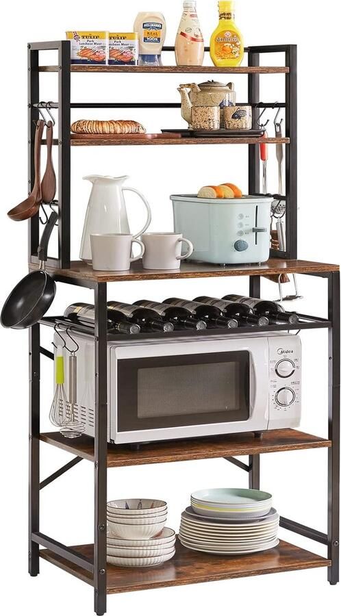 Goodivery Industrieel Ontworpen Keukenrek met 6 Planken en Wijnrek voor Magnetron en Kookgerei