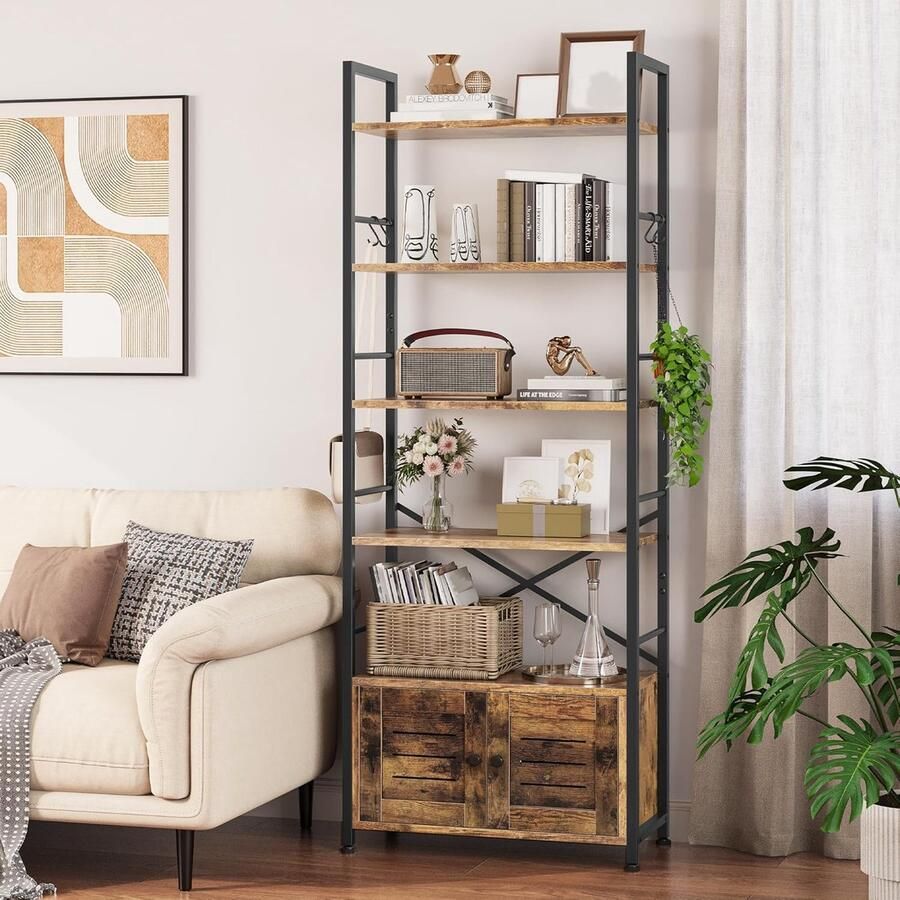 Goodivery Industrieel Vrijstaand Boekenkast met 5 Niveaus Deuren en Haken voor Woonkamer of Kantoor
