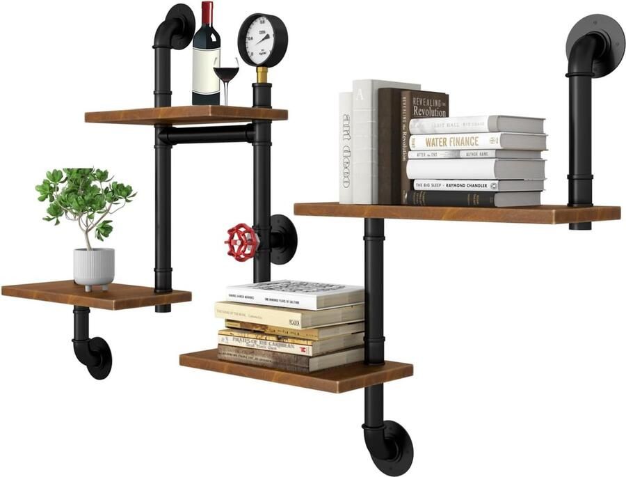 Goodivery Industrieel Wandrek met 4 Lagen Vintage Houten Planken en Metalen Buisconstructie