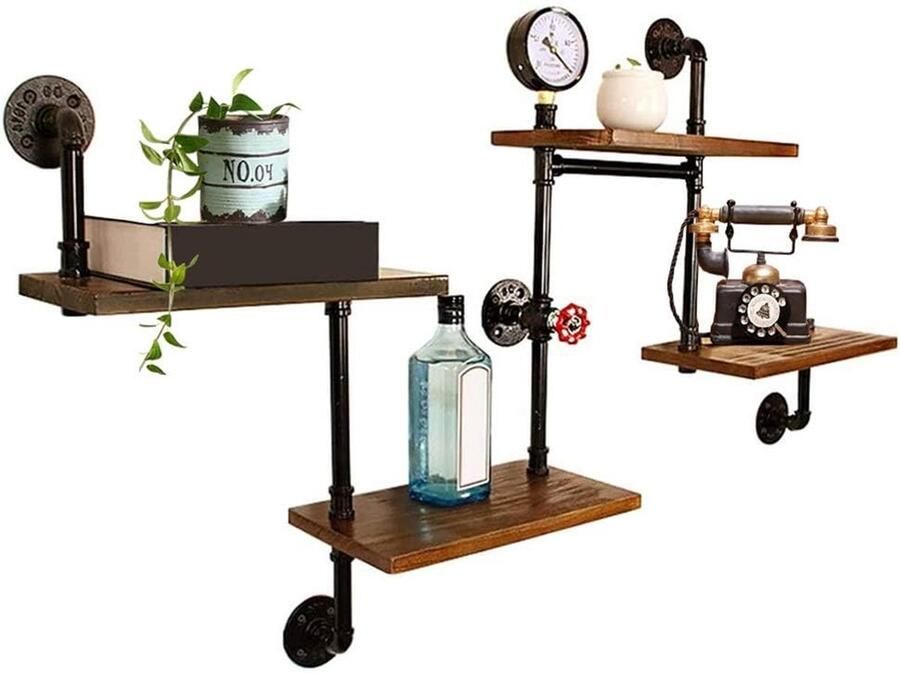 Goodivery Industrieel Wandrek met Vier Lagen voor Decoratie en Opslag in Huis en Kantoor