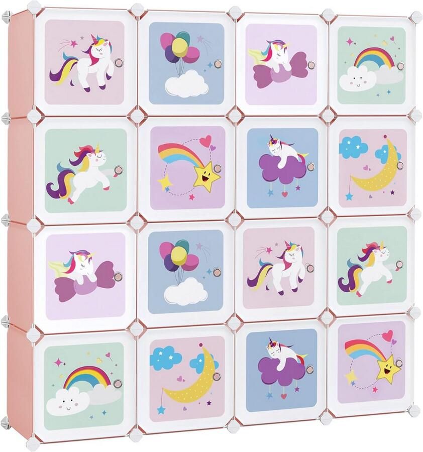 Goodivery kinderkast 16-kubus-stellingkast kinderkast kledingkast met deuren speelgoed 123 x 31 x 123 cm Roze