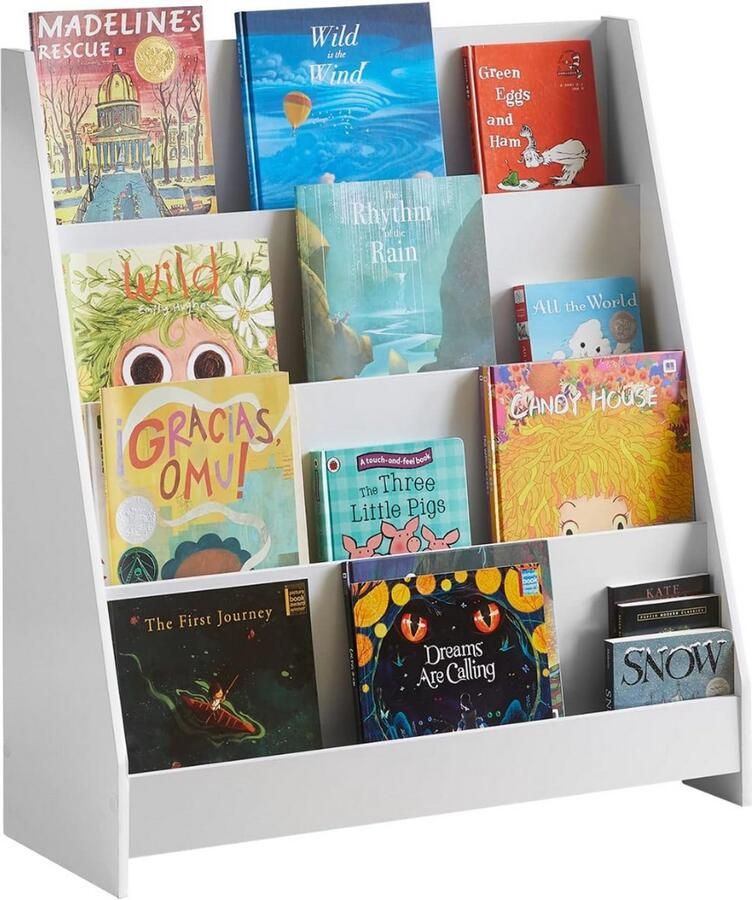 Goodivery kinderkast Boekenkast kinderrek krantenrek met 4 opbergvakken opbergrek voor kinderen boekenplank hangend ventilatorrek 80 x 88 x 30 cm Wit