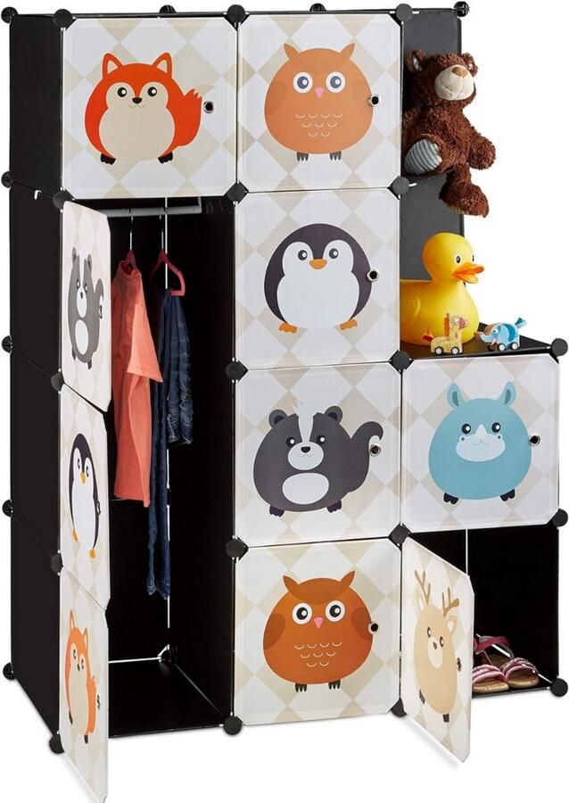 Goodivery kinderkast Kamerkast met dierenmotieven kunststof inlegsysteem deuren kledingkast met roede ‎46.5 x 110.5 x 145 cm kleurrijk