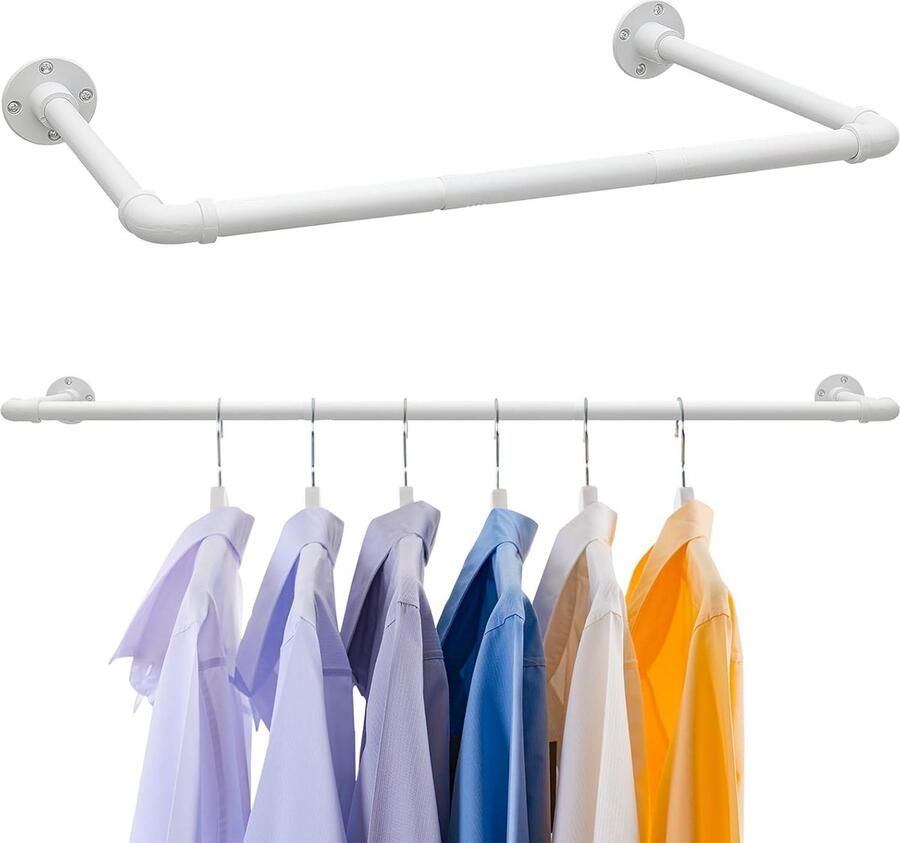 Goodivery Kledingrail voor Wandmontage met Dubbele Basis Verstelbaar van 81-116 cm in Mat Wit Metaal