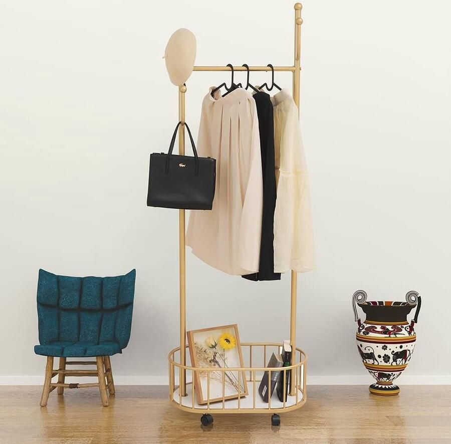 Goodivery Kledingrek met 4 Haken en Wielen Metalen Kledingstandaard voor Hoek of Kleine Ruimtes