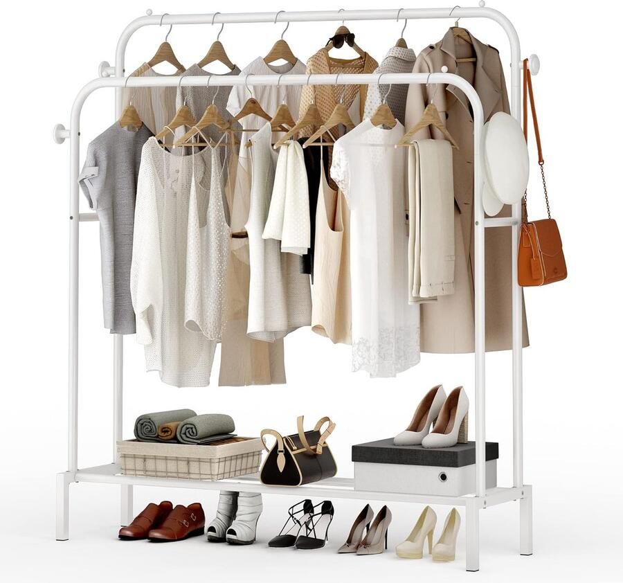 Goodivery Kledingrek op 2 kledingstangen ruimtebesparend wandrek multifunctionele kapstok van metaal met 1 plank en 4 haken woonkamer slaapkamer wit