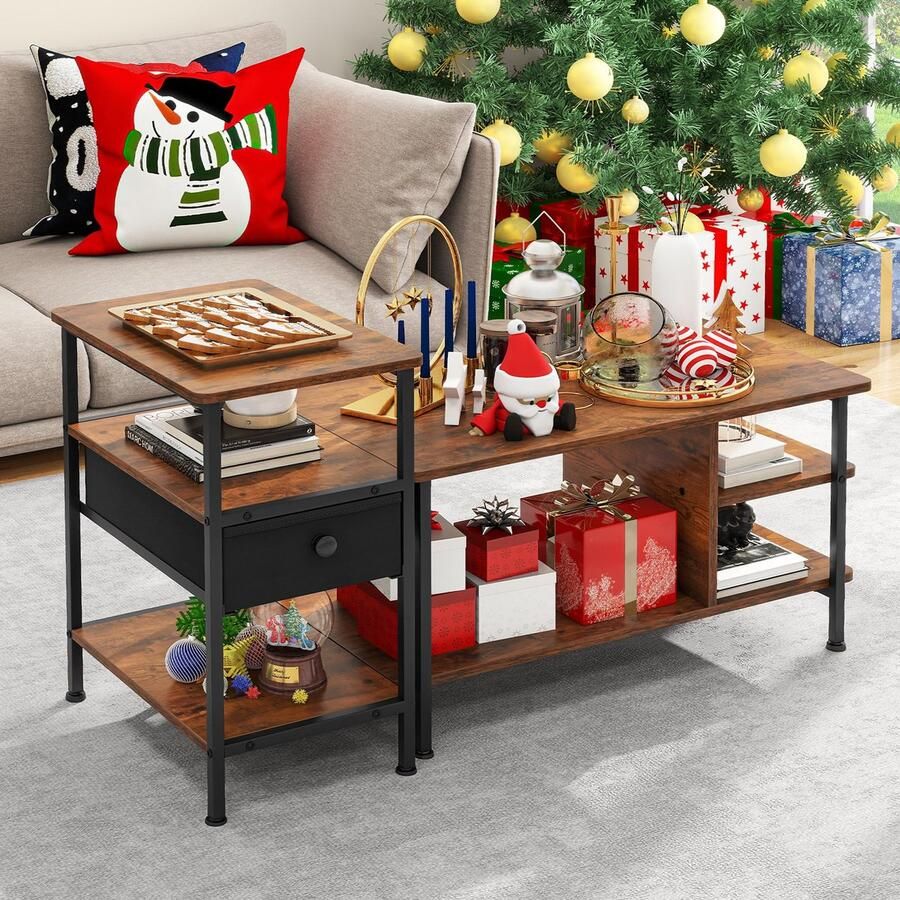 Goodivery Koffietafel Set van 2 met Verstelbare Bijzettafel en Laden voor Woonkamer