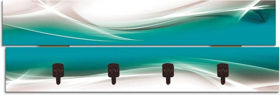 Goodivery Kunstzinnige Wandkapstok Hout met 4 Haken en Abstract Modern Turquoise Ontwerp 90 x 30 cm