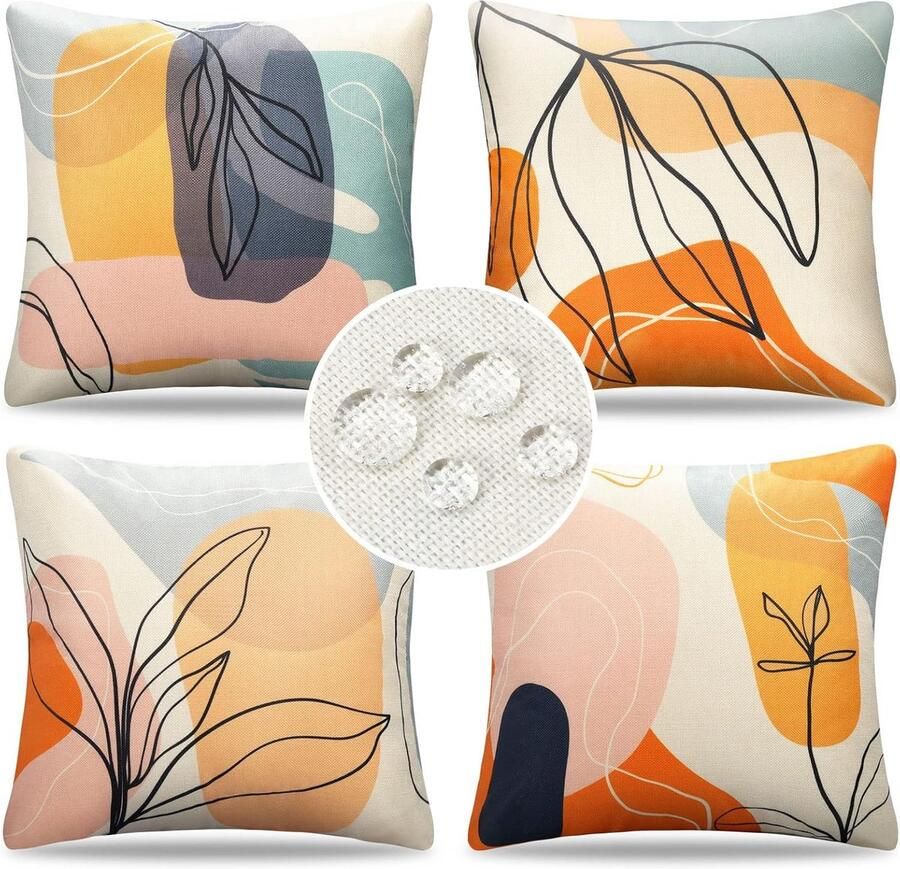 Goodivery Kussenhoes 45 x 45 cm voor buiten bankkussen sierkussen kussenhoezen boho abstract bladeren lente zomer waterdicht linnen kussenhoes voor bank bed auto tuin terras blench set