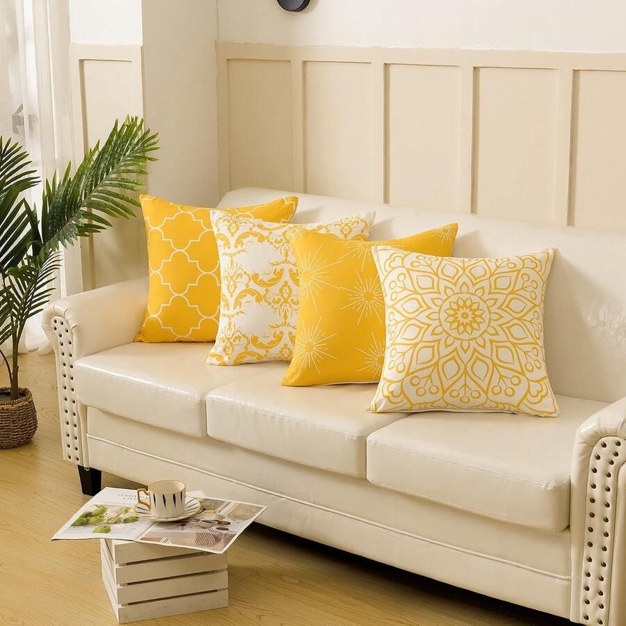 Goodivery Kussenhoezen 4-delige set decoratieve kussenslopen outdoor zachte kussensloop vintage sierkussensloop patroon kussenhoes voor bank kamer polyester 50 x 50 cm geel
