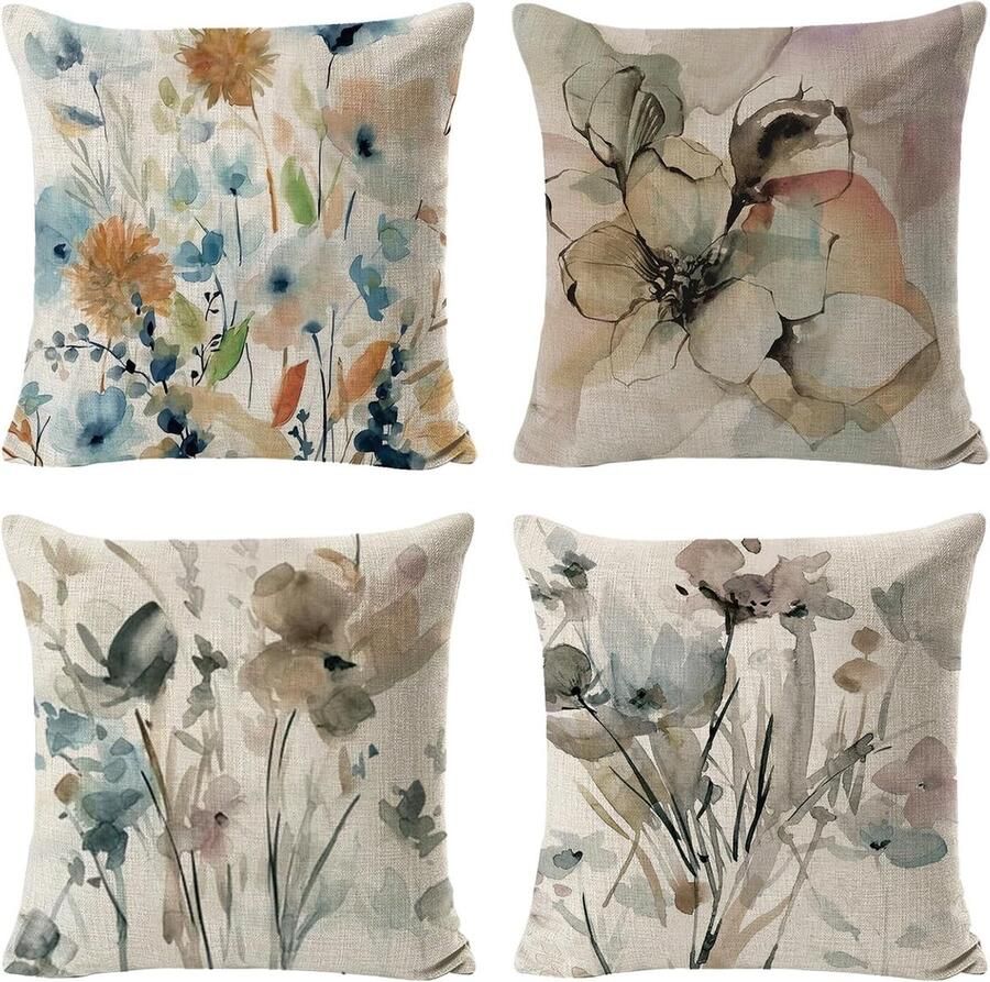 Goodivery Kussenhoezen 4 stuks 45 x 45 cm decoratieve kussensloop met inkttekening outdoor kussensloop linnen bankovertrek voor bank bed auto kantoor café tuin kamer