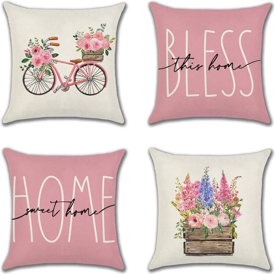 Goodivery Kussenhoezen set van 4 Blemen decoratieve kussenhoezen buitenkussenhoezen linnen decoratief kussen voor slaapkamer bank stoel bed tuin (45 x 45 cm Home Pink)