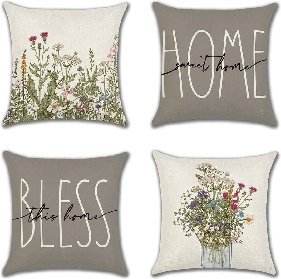 Goodivery Kussenhoezen set van 4 Blemen decoratieve kussenhoezen buitenkussenhoezen linnen decoratief kussen voor slaapkamer bank stoel bed tuin (45 x 45 cm )