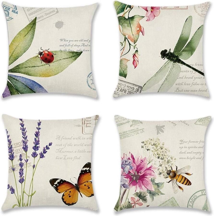 Goodivery Kussenovertrek decoratieve 4-delige set van 45 x 45 cm linnen overtrekken sierkussenovertrekken voor de bank auto slaapkamer thuis ter decoratie 45 x 45 cm