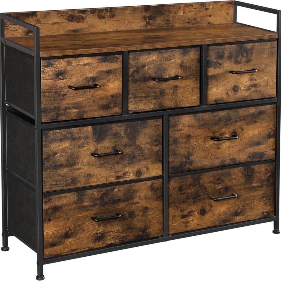 Goodivery ladenkast Opbergkast 7 Laden Stof Met Handgrepen 28.5D x 98W x 85H cm Rustiek bruin en zwart