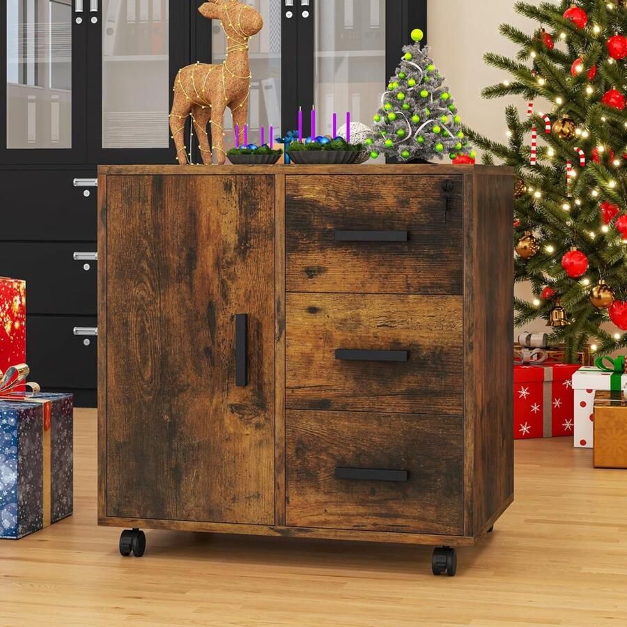 Goodivery Ladenkastje Lade Kastje Ladekasten Slaapkamer met 3 Laden Mobiele Archiefkast met Wielen 60x40x57cm Vintage Bruin