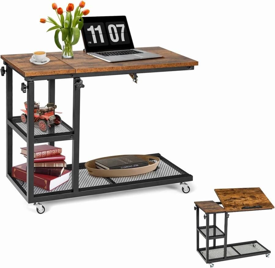 Goodivery LIFEZEAL Mobile Laptop Table Height Adjustable Desk Side Table with Adjustable Table Top and Wheels with Brakes C-shaped Standing Desk for Living Room Study Room & Office