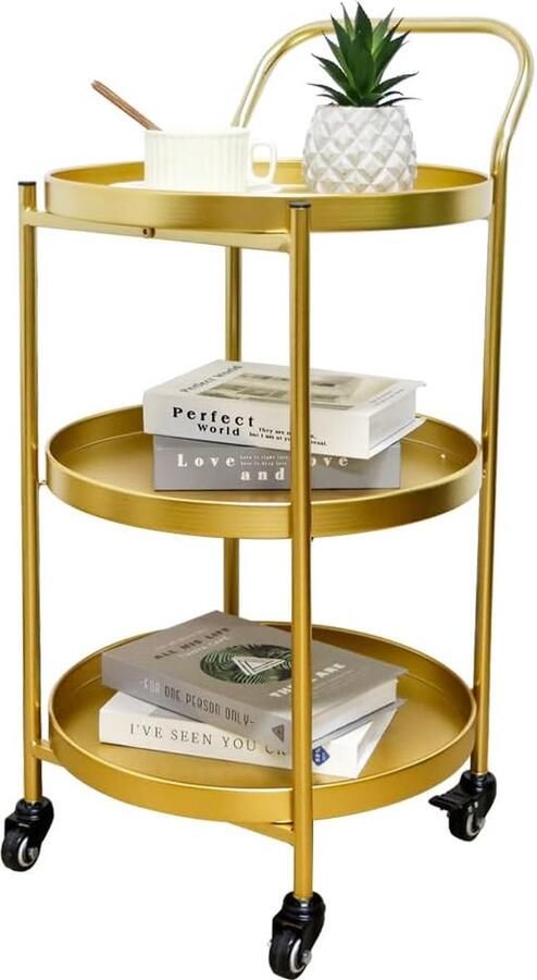 Goodivery Luxueuze Gouden Trolley met 3 Etages en Vergrendelbare Wielen voor Keuken en Entertainment