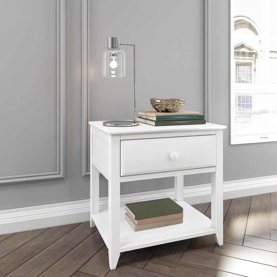 Goodivery Massief Houten Nachtkastje met Lade en Plank voor Slaapkamer en Woonkamer Eenvoudig te Monteren Wit