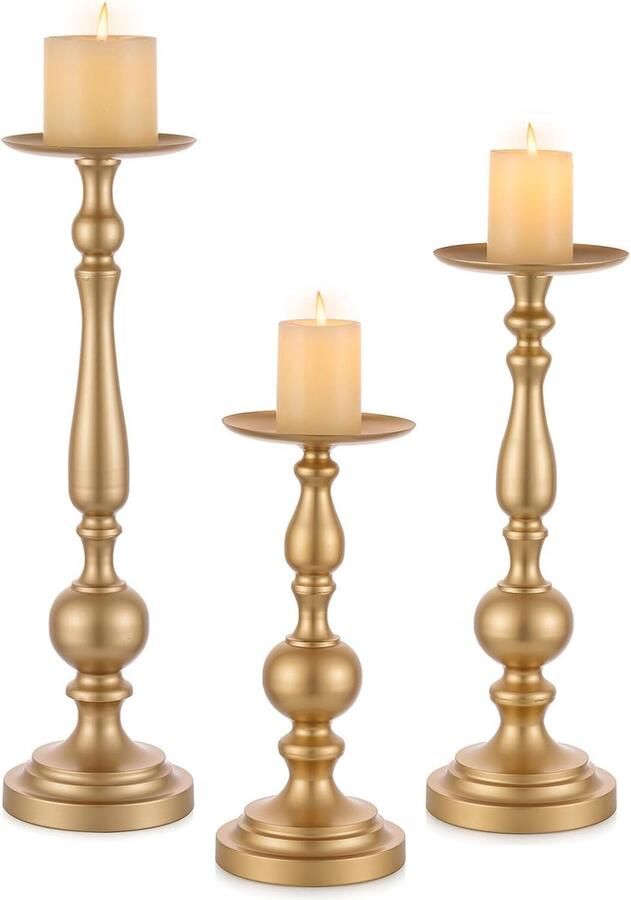 Goodivery Metalen kandelaar voor stompkaarsen set van 3 gouden kandelaars voor vloer en tafel decoratie bruiloft middenstukken vaas kandelaar voor mantel open haard woonkamer