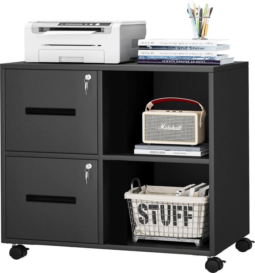 Goodivery Mobiele Roldende Opbergkast met 2 Lades en Wielen Metaal Zwart 80 x 50 x 71 cm