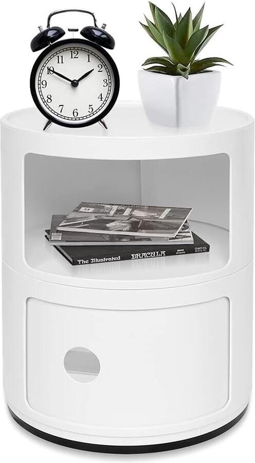 Goodivery Moderne 2-Laagse Ronde Bijzettafel met Lade Wit ABS Kunststof