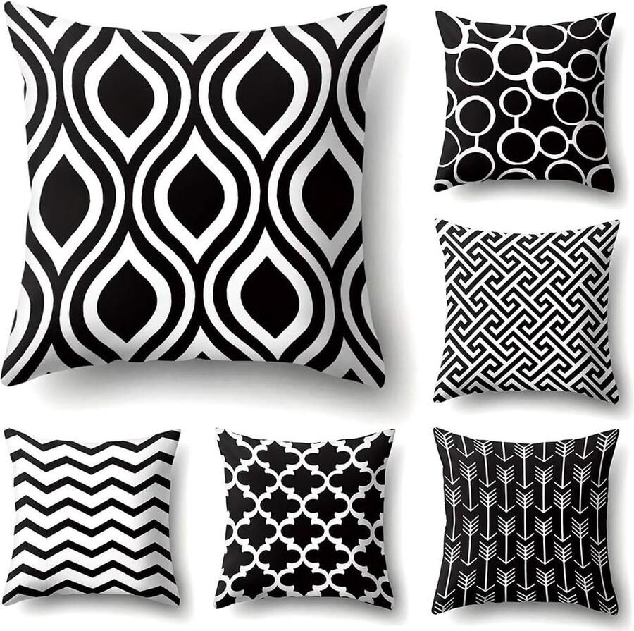 Goodivery Moderne Eenvoudige Geometrische Superzachte Kussenslopen voor Bank Slaapbank Kussensloop Thuis Decoratieve 45 x 45 cm Set van 6 (zwart-wit patroon)