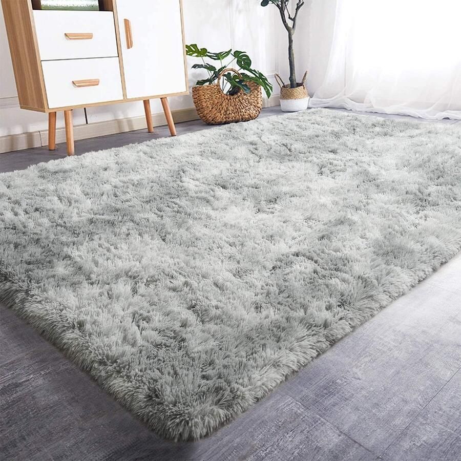 Goodivery Moderne Fluffy Hoogpolig Vloerkleed voor Woonkamer en Slaapkamer Zacht en Antislip (Grijs Wit 250 x 300 cm)