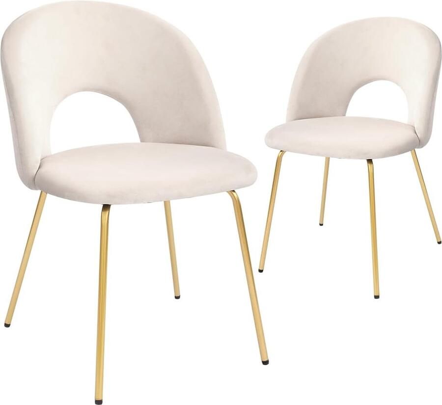 Goodivery Moderne Gestoffeerde Eetkamerstoelen Set van 2 Fluweel met Gouden Metalen Poten Beige