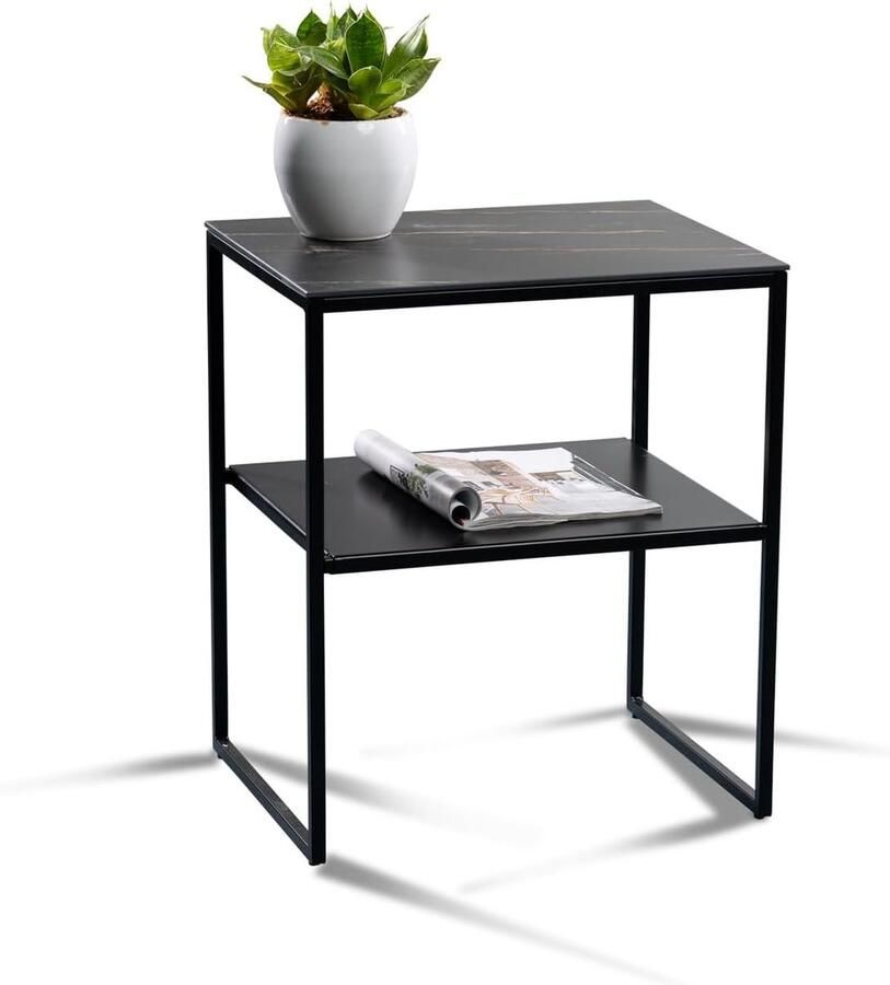 Goodivery Moderne Minimalistische Salontafel met Donker Stenen Blad en Zwart Metalen Frame