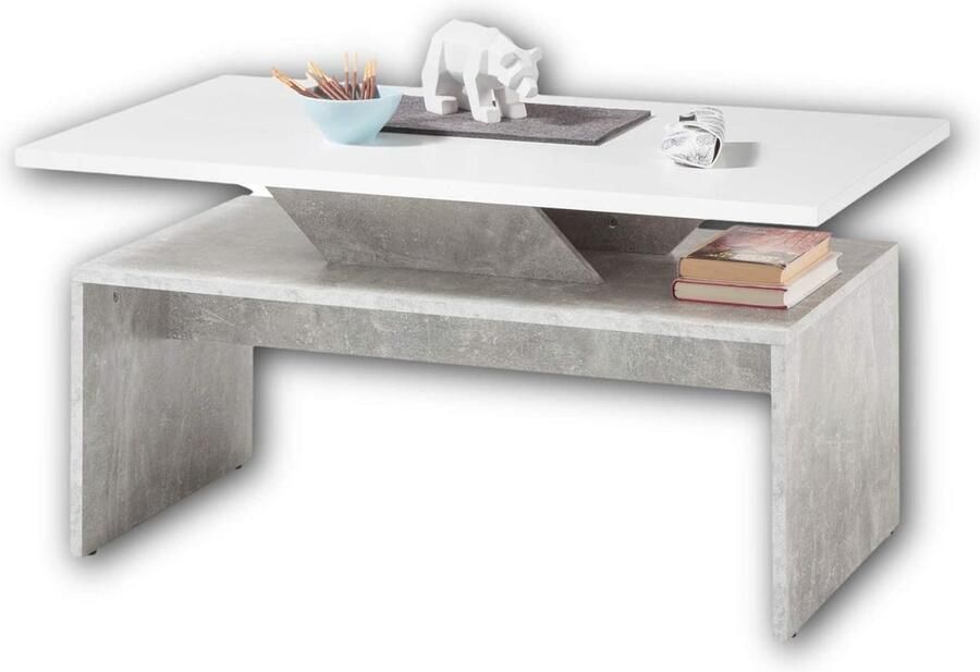 Goodivery Moderne Salontafel met Verhoogd Blad in Betonlook en Wit Extravagante Bijzettafel voor Woonkamer