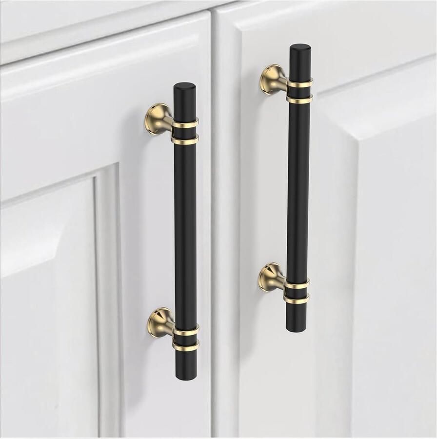 Goodivery Moderne Set van 10 Zwarte en Gouden Handgrepen voor Keukenkasten met 128 mm Gatafstand