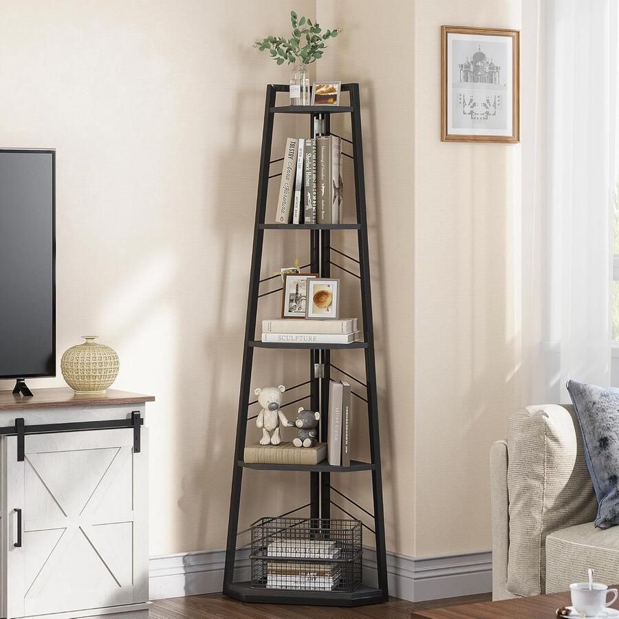Goodivery Moderne Vrijstaande 5-Laags Hoekboekenkast met Industriële Houten Planken en Open Ontwerp voor Elke Kamer