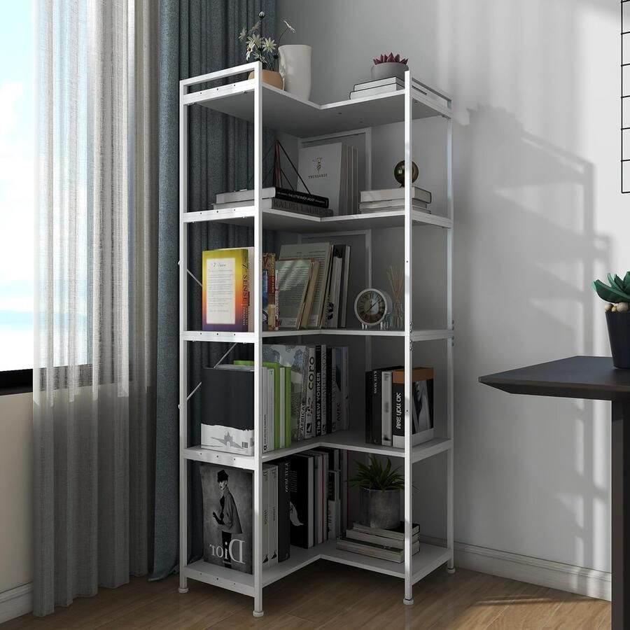 Goodivery Moderne Vrijstaande Boekenkast met 5 Open Planken voor Hoek Woonkamer Slaapkamer Kantoor