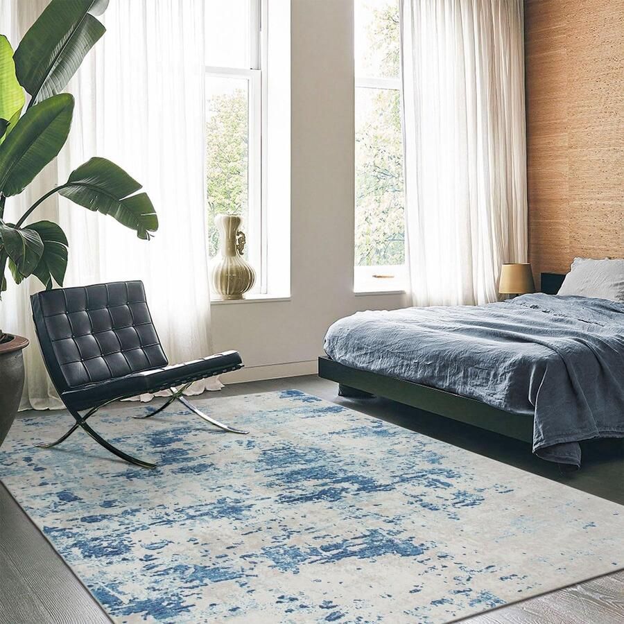 Goodivery Moderne Wasbare Vloerkleed met Antislip voor Kamers Blauwe en Grijze Tinten Groot Formaat 120 x 170 cm