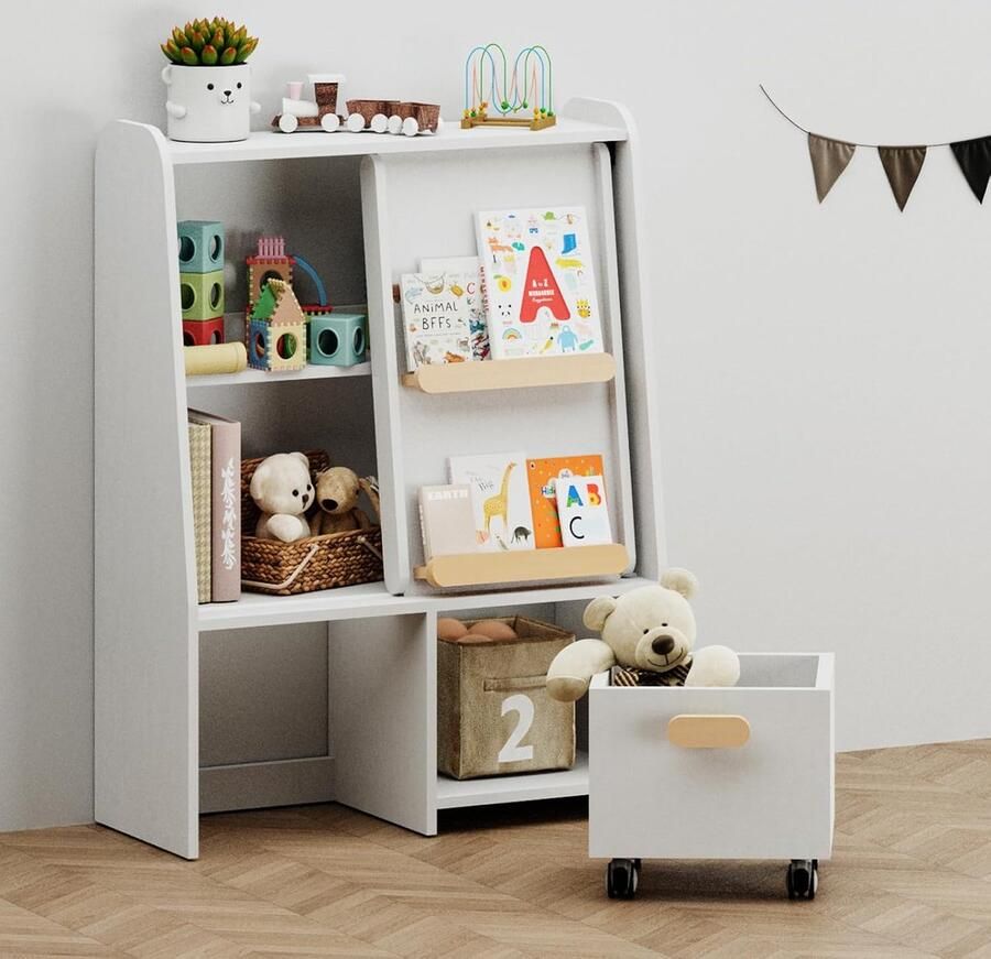 Goodivery Multifunctionele Kinder Boekenkast en Speelgoed Organizer met Schuifdeur en Open Vakken voor Kinderen