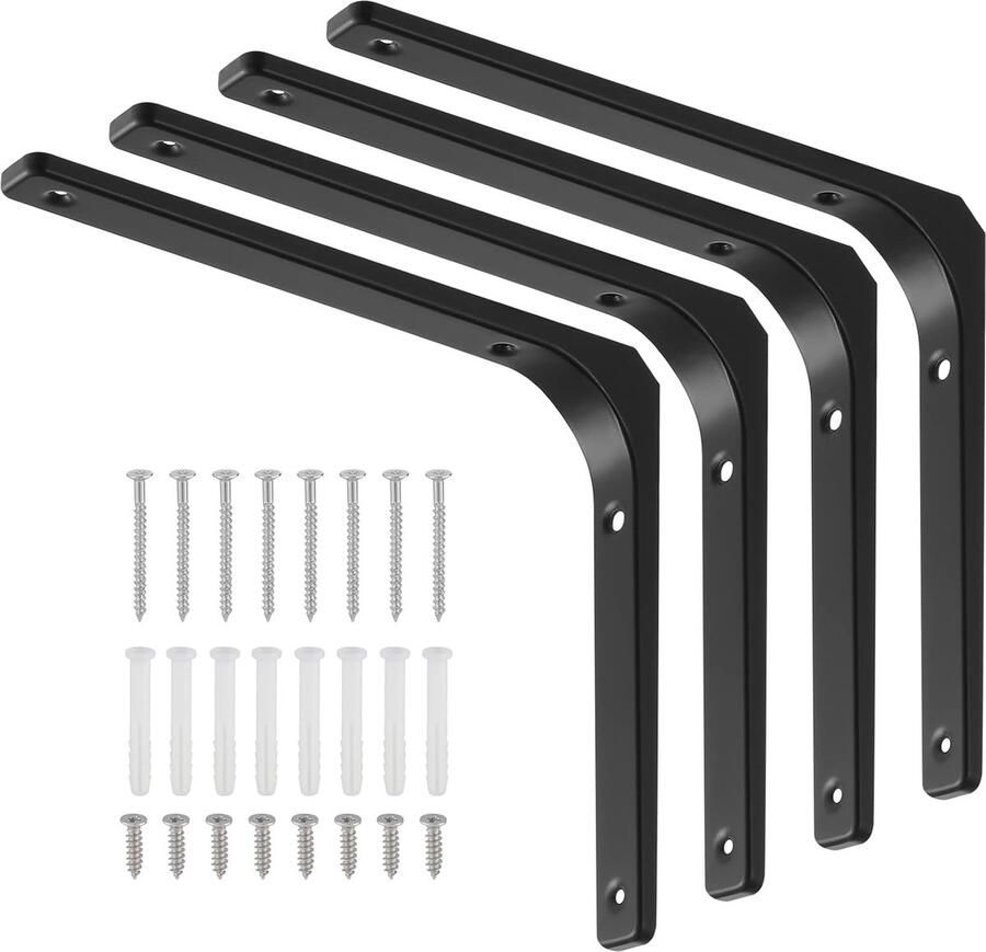 Goodivery Multifunctionele Set van 4 Zwarte Hoekplanken Steunen voor Wandmontage 70 kg Draagvermogen