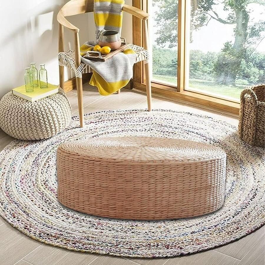 Goodivery Natuurlijk stro vloerkussen boho rotan zitkussen tatami handgeweven vloerkussen zitkussen poef vloermat voor yoga woonkamer slaapkamer balkon zen patio 40 x 40 x 10 cm