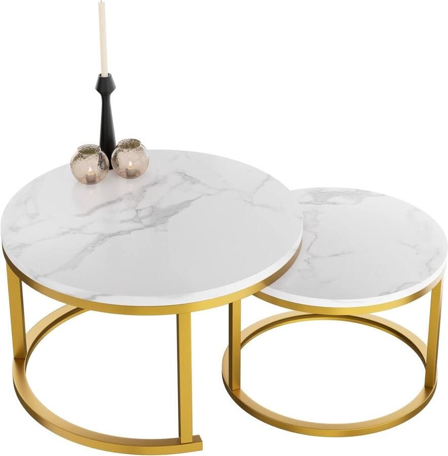 Goodivery Nieuwe salontafel rond marmer set van 2 – ronde banktafel in wit marmerlook met metalen frame in goudkleurig metalen frame – moderne tafel voor woonkamer slaapkamer en balkon Ø 70 Ø 50 cm