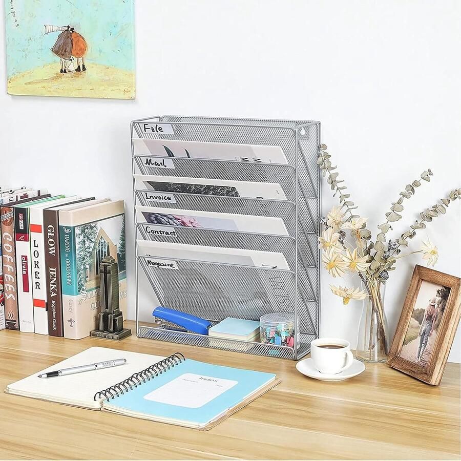 Goodivery Opbergmand Stapelbaar 5 Tier Zilver Bureau Organizer Accessoires Stapelbaar 33*11*43cm (Zilver)