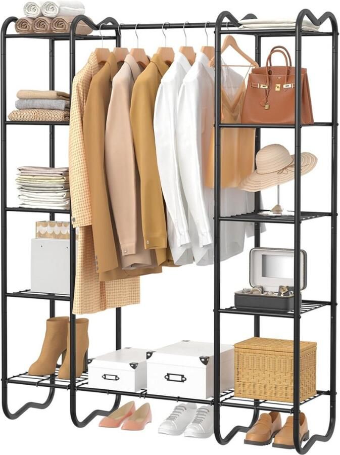 Goodivery Open Kledingkast Kledingrek Stabiele Kapstok met 5 Planken Metalen Frame voor Slaapkamer Woonkamer 124 x 39 x 160 cm