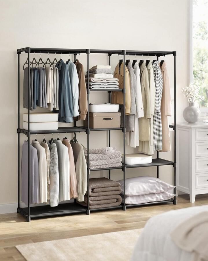 Goodivery Open Kledingkast Kledingrek Vrijstaand Kapstok met Kledingstangen Kapstok Stoffen Planken Metalen Frame Inktzwart