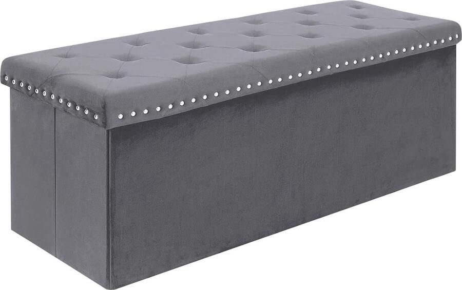 Goodivery Opvouwbare Luxe Fluwelen Opbergbank met Nieten en Opslagruimte Grijs 110 x 40 x 40 cm