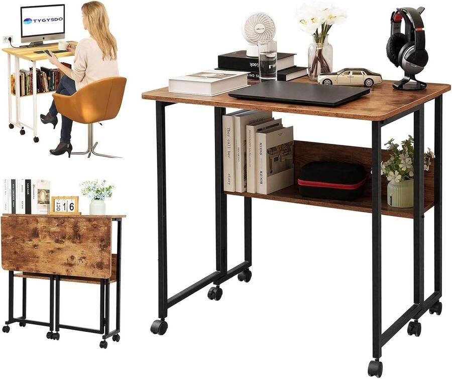 Goodivery Opvouwbare Tafel met Wielen Compact Bureau voor Kleine Ruimtes