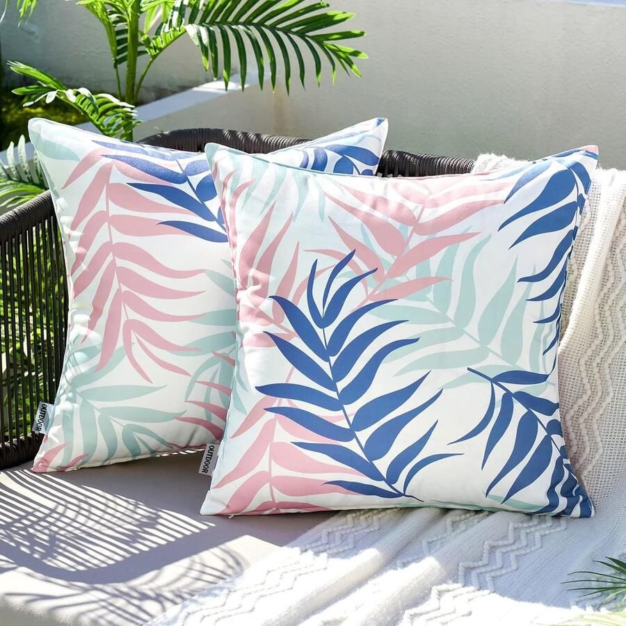 Goodivery Outdoor kussenhoes waterdicht decoratieve kussenhoezen bladpatroon sofakussen sierkussen voor tuin bank woonkamer slaapkamer set van 2 45 x 45 cm blauw roze