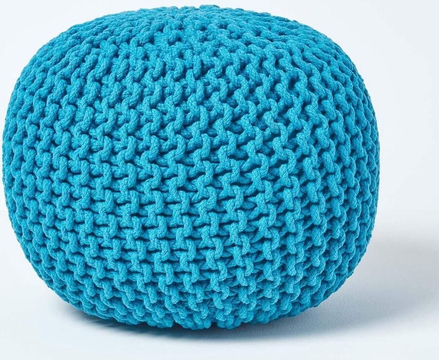 Goodivery Poef gebreide poef rond vloerkussen zitpoef 35 x 40 cm gewatteerde poef met grof gebreide overtrek van 100% katoen gebreide poef turquoise blauwgroen