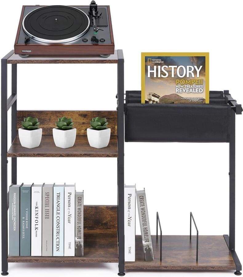 Goodivery Retro Houten Bijzettafel met Multifunctionele Opslag voor Platenspeler en Meer