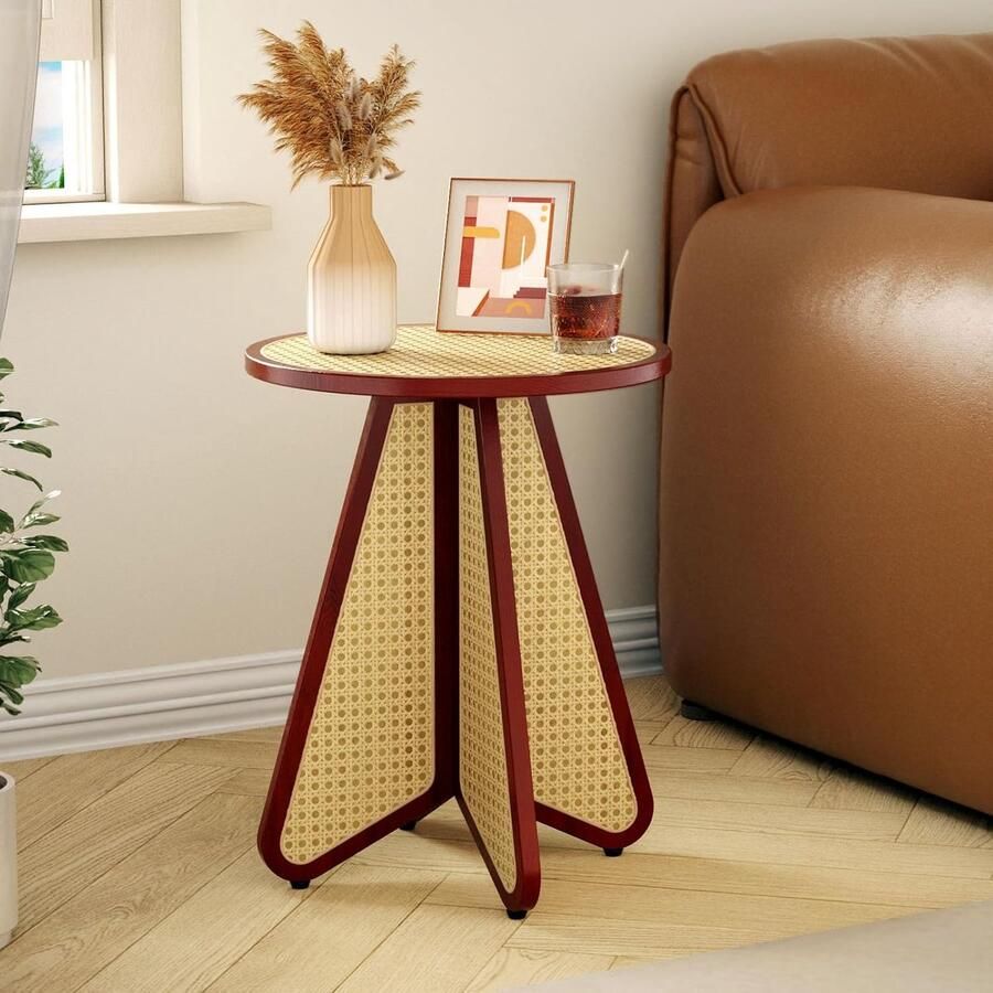 Goodivery Ronde Bijzettafel in Houtkleur met Sierlijke Middeleeuwse Uitstraling voor Woonkamer en Slaapkamer